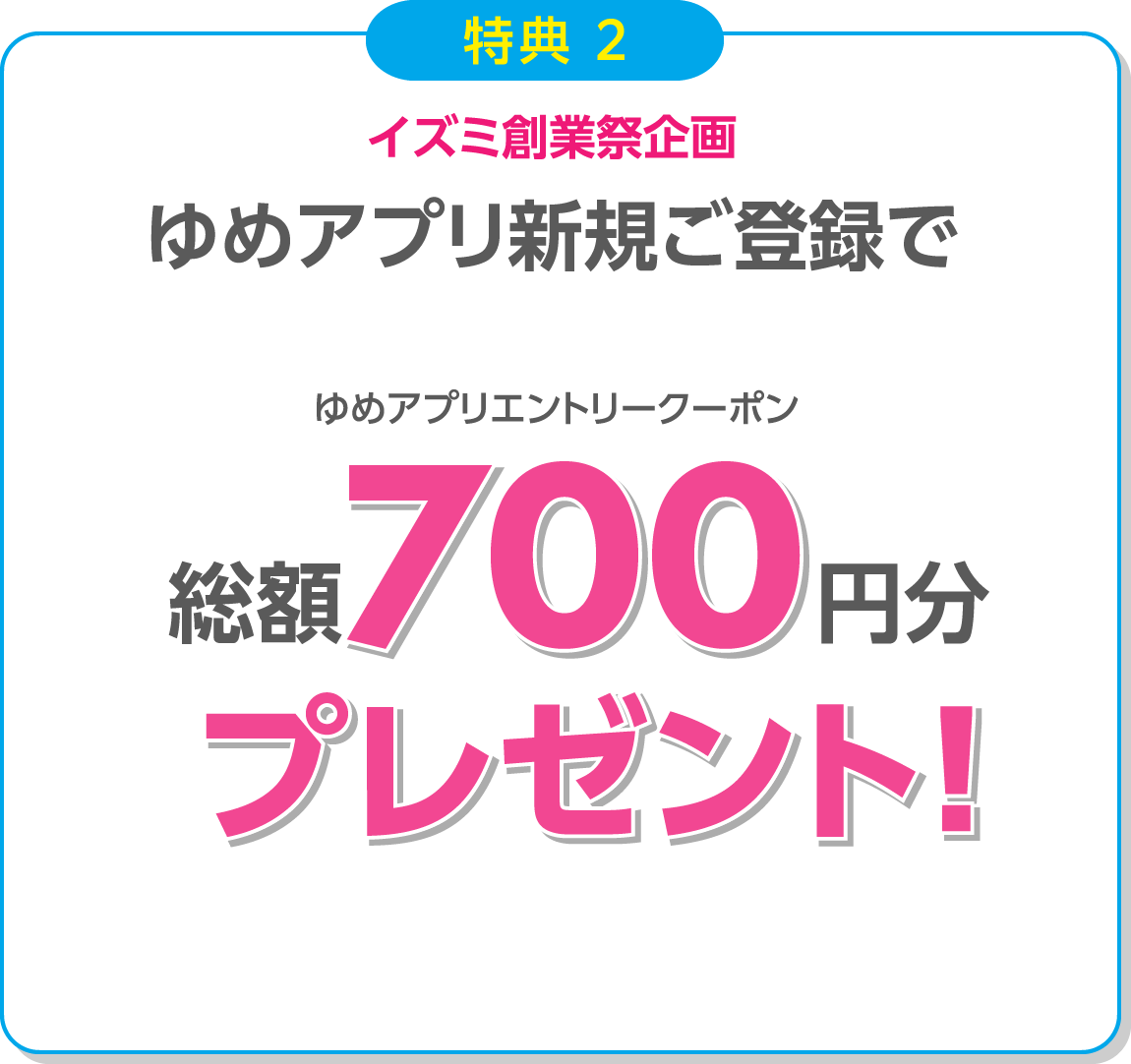 イズミ創業祭企画　ゆめアプリ新規ご登録で ゆめアプリエントリークーポン総額700円分プレゼント